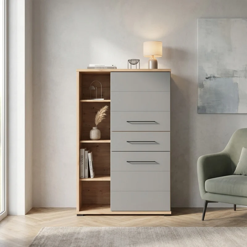 Vetrina Lisabon in Truciolare Bilaminato Effetto Rovere e Grafite