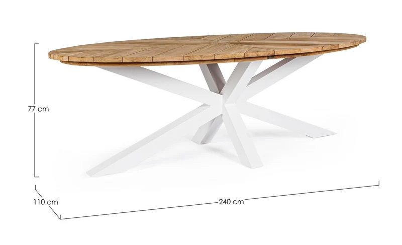 Tavolo ovale "Palmdale" con piano in legno teak, gambe in alluminio Bianco per esterno