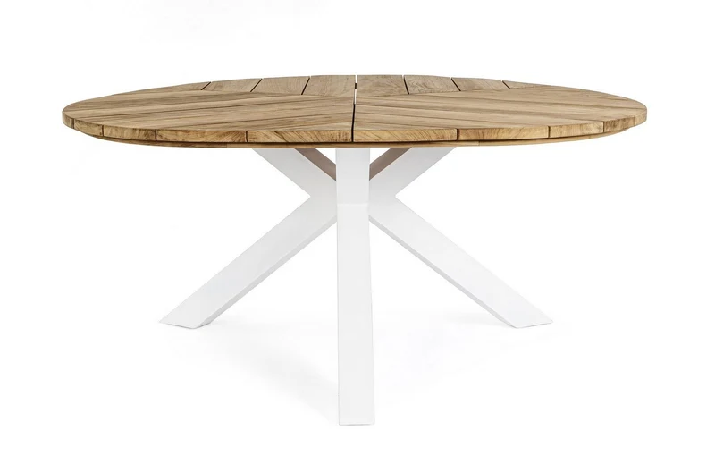 Tavolo ovale "Palmdale" con piano in legno teak, gambe in alluminio Bianco per esterno