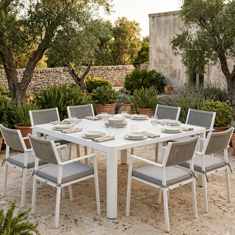 Tavolo quadrato Bianco "Keplero" allungabile per esterno e giardino, in alluminio