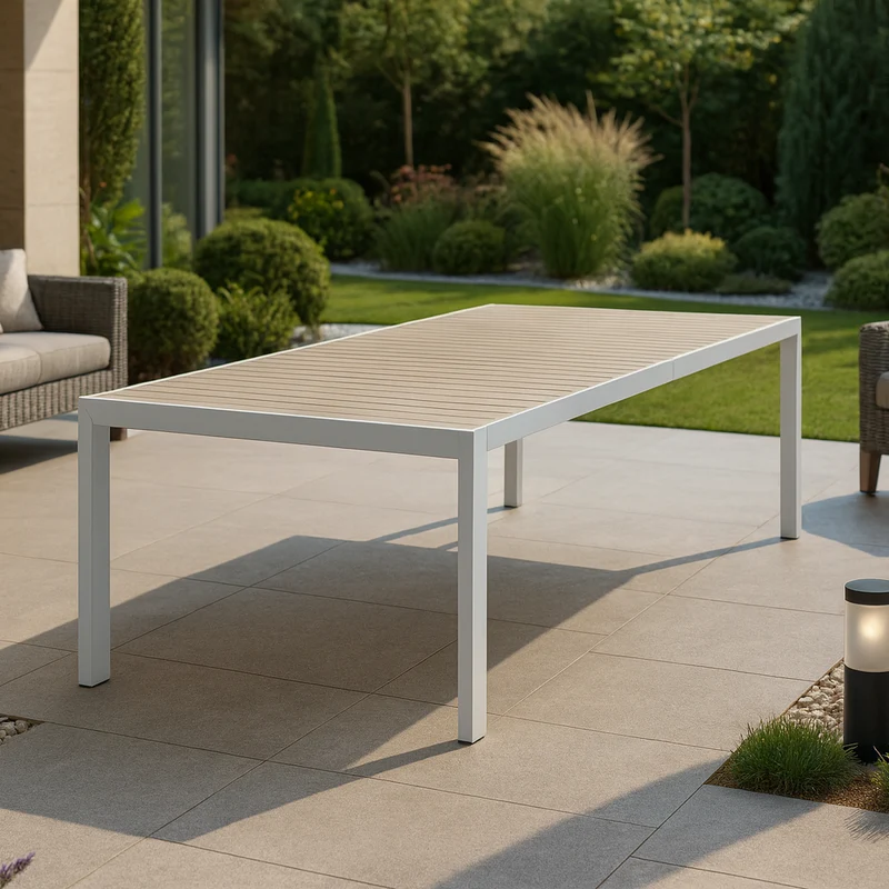 Tavolo allungabile in alluminio Bianco piano effetto legno "Bahia" per esterno e giardino 190/250 cm