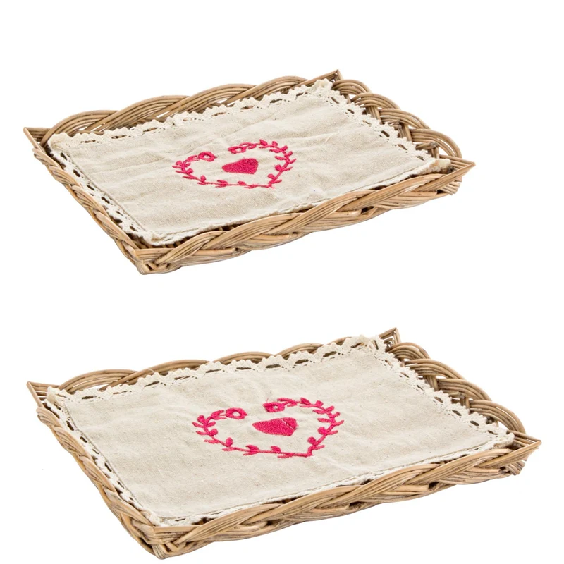 Set 2 vassoio love rettangolare realizzato in Vimini con fodera in tessuto