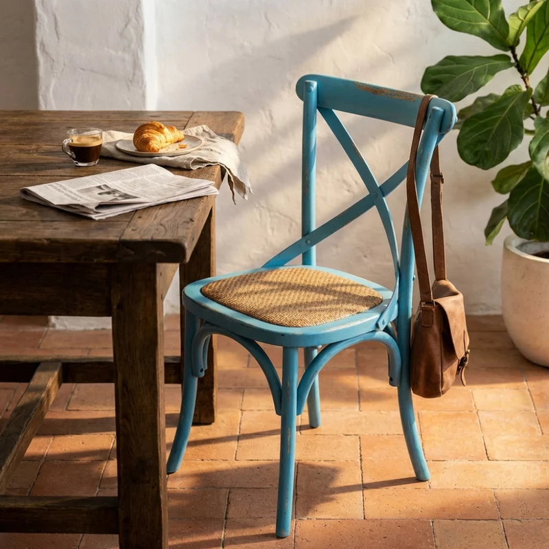 Sedia da Interno Cross Azzurra in Legno Anticato