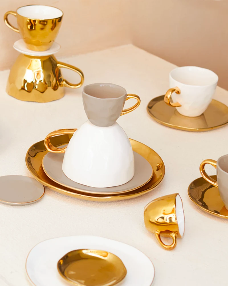 Set 4 tazzine in ceramica con manico oro Good Morning