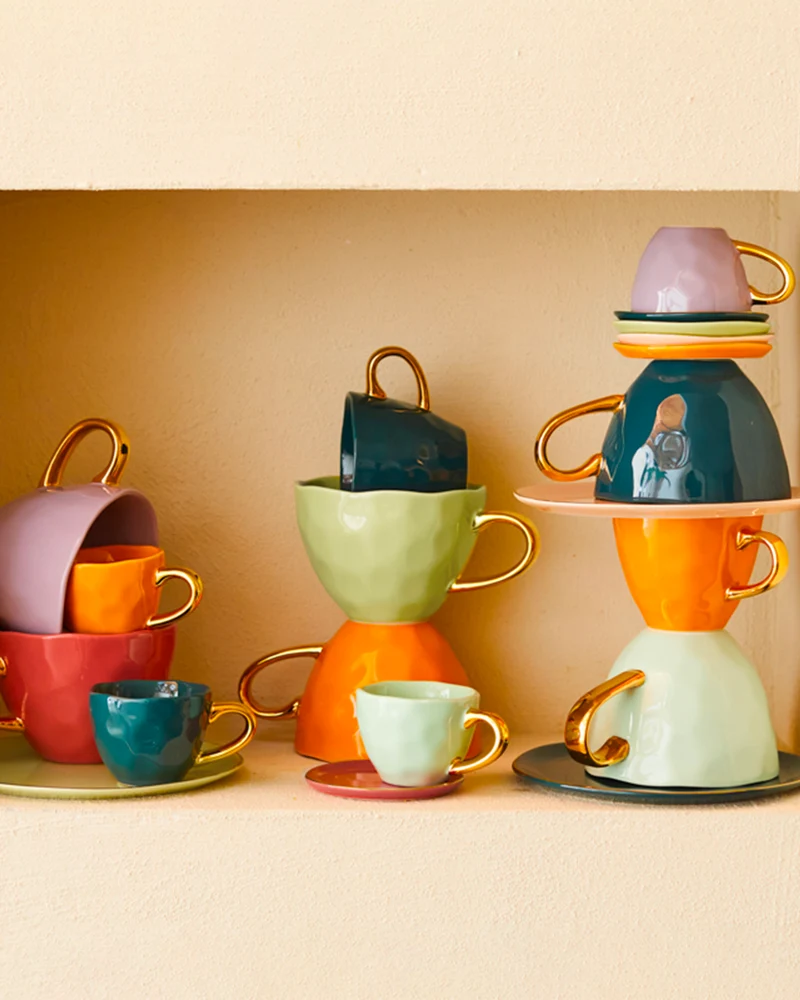 Set 4 tazzine in ceramica con manico oro Good Morning