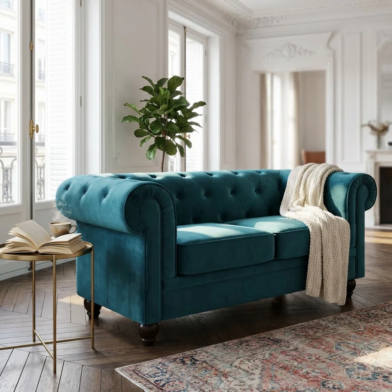 Divano Chesterfield a 2 Posti in Velluto Blu