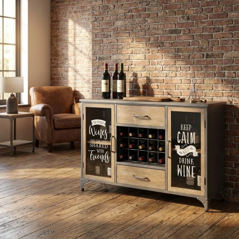 Credenza Christian in Acciaio e Legno con Vetrina Portabottiglie