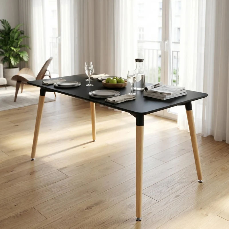 Tavolo da Pranzo Lione con Finitura Nera e Gambe in Legno
