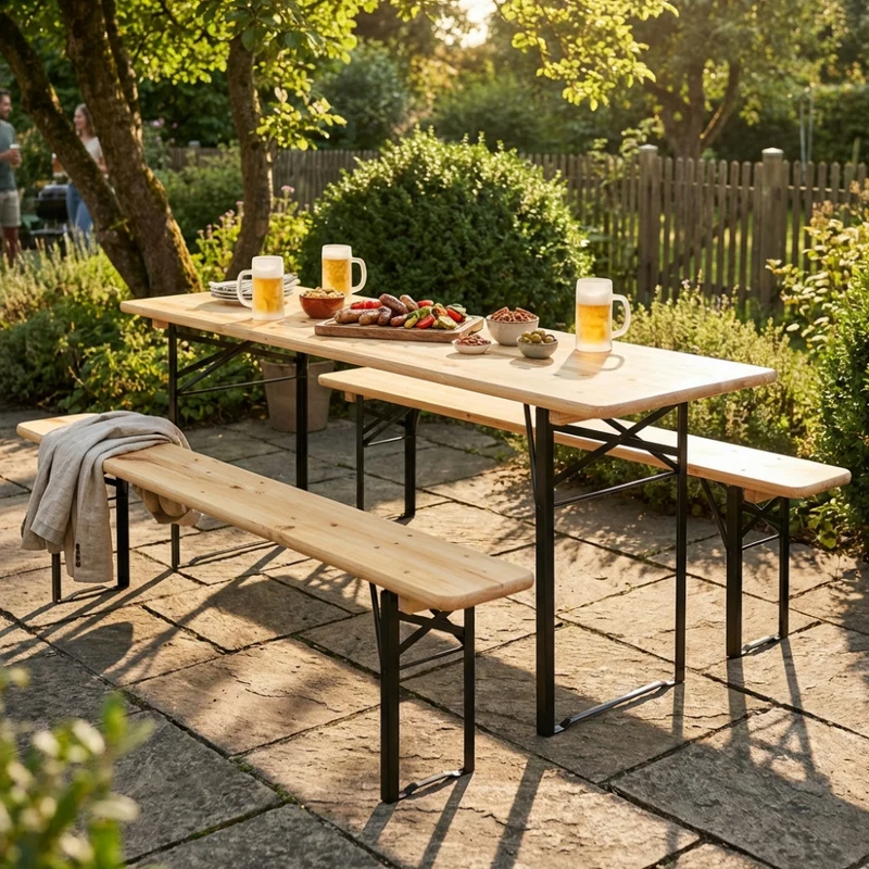 Tavolo da Giardino Set Birreria 220x70 in Legno Massello Pieghevole