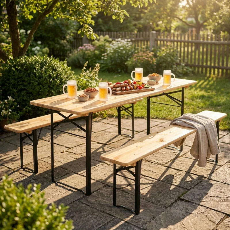 Tavolo da Giardino Set Birreria 220x70 in Legno Massello Pieghevole