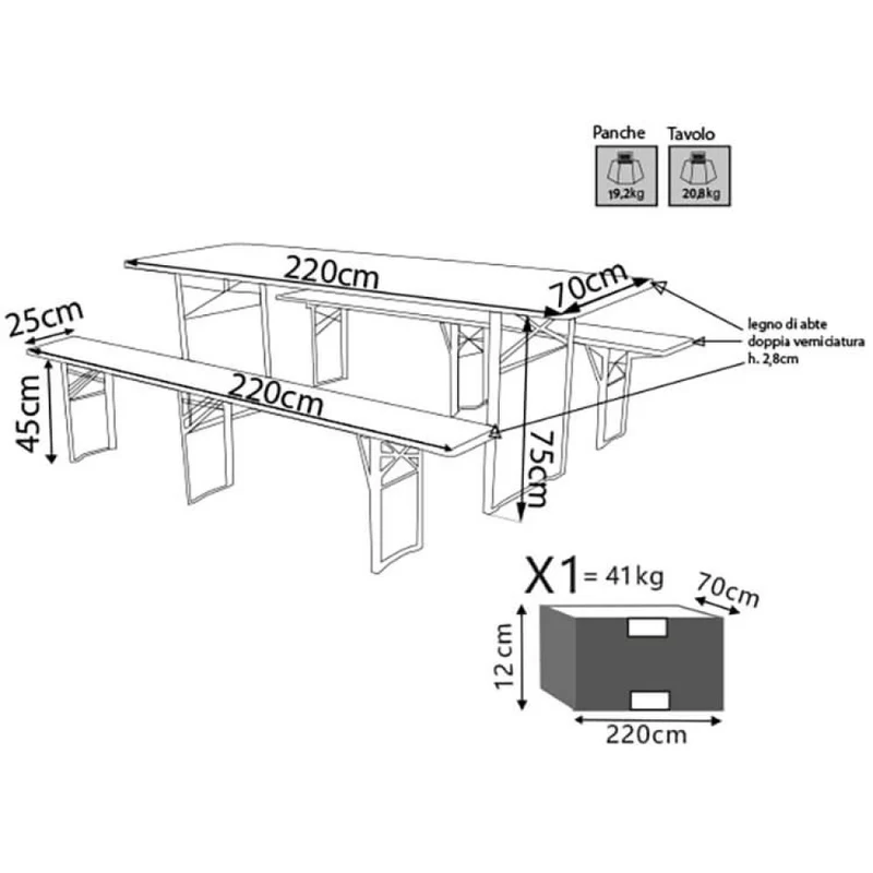 Tavolo da Giardino Set Birreria 220x70 in Legno Massello Pieghevole