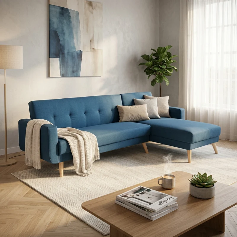 Divano Letto Arthur in Tessuto Blu Melange con Penisola