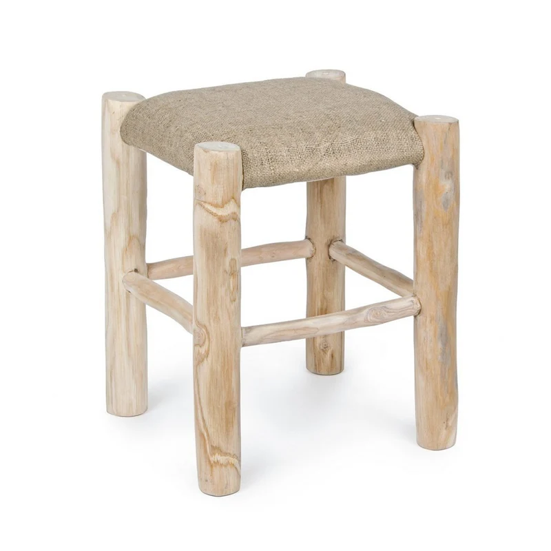Sgabello per interno "Sarika" Seduta In Iuta, Gambe In Rami Di Teak Con Finitura Naturale, 35 x 35 x 45 h cm