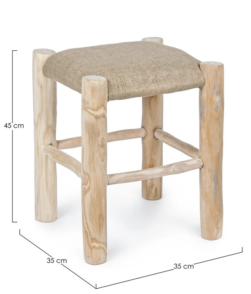 Sgabello per interno "Sarika" Seduta In Iuta, Gambe In Rami Di Teak Con Finitura Naturale, 35 x 35 x 45 h cm