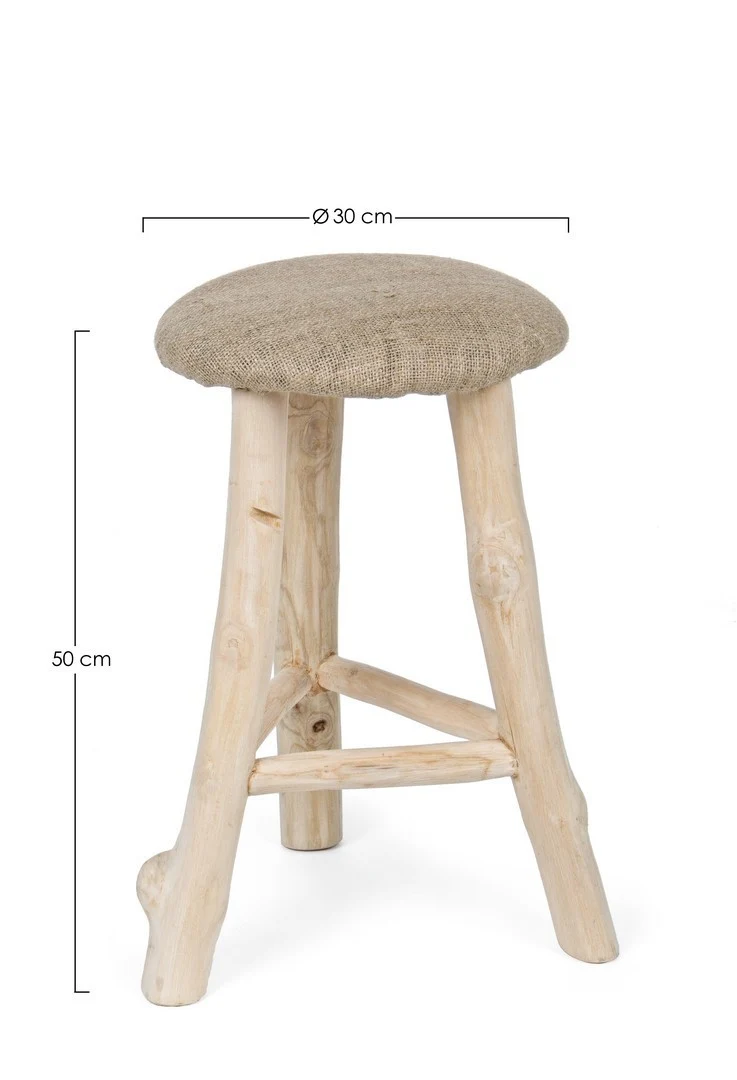 Sgabello per interno "Sarika" Seduta In Iuta, Gambe In Rami Di Teak Con Finitura Naturale, 30 x 30 x 50 h cm