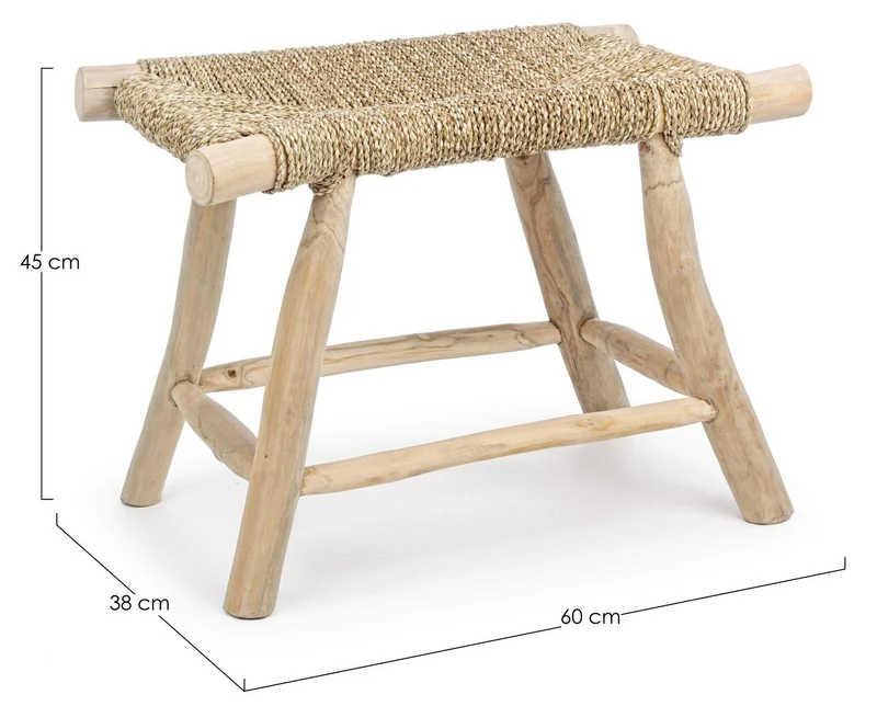 Sgabello per interno "Belinda" Struttura In Rami Di Teak, Finitura Naturale, 60 x 38 x 45 h cm