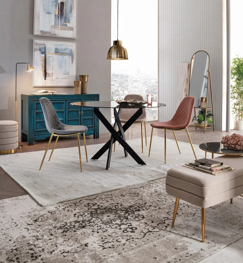 Sedia "Terry" con gambe in tubolare di acciaio con cromatura dorata, per arredo interno 48 x 55 x h 85 cm