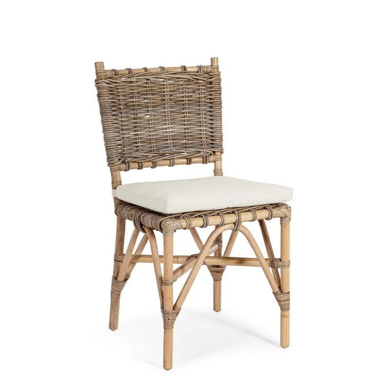 Sedia con cuscino "Tarifa" struttura in rattan, intreccio in kubu per esterno