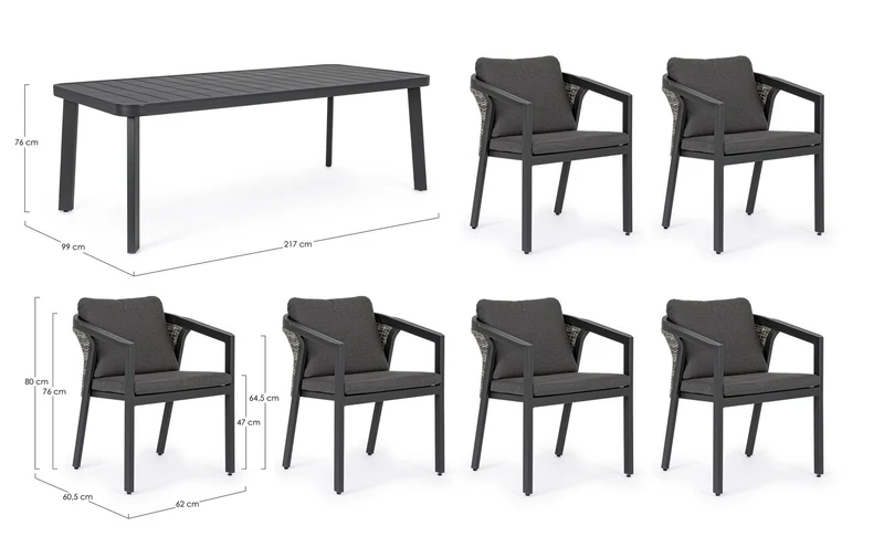 Set tavolo con 6 sedie "Cordova" in alluminio verniciato, seduta in fibra sintetica, per esterno