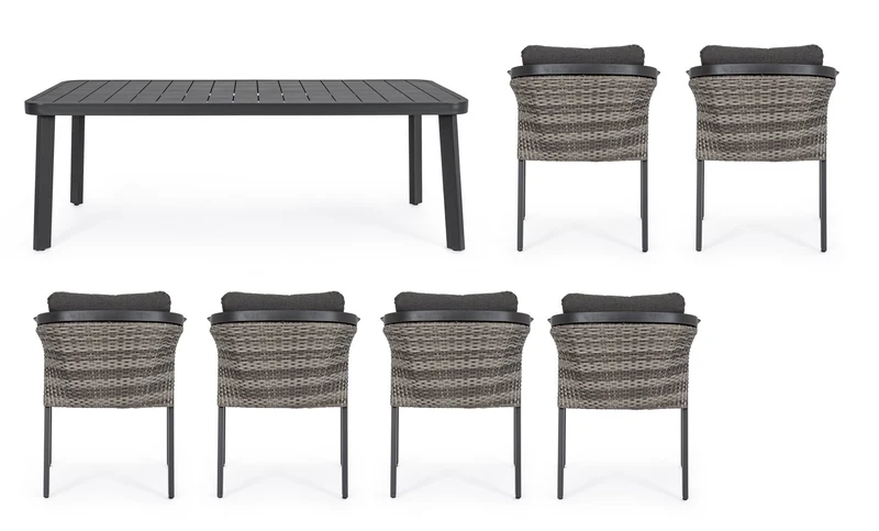 Set tavolo con 6 sedie "Cordova" in alluminio verniciato, seduta in fibra sintetica, per esterno