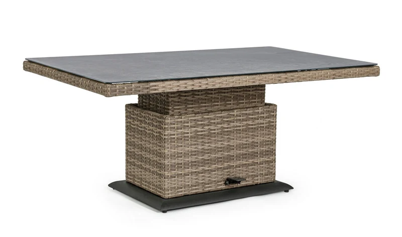 Tavolo "Kent" con struttura in alluminio, piano in ceramica, intreccio in fibra sintetica, per esterno