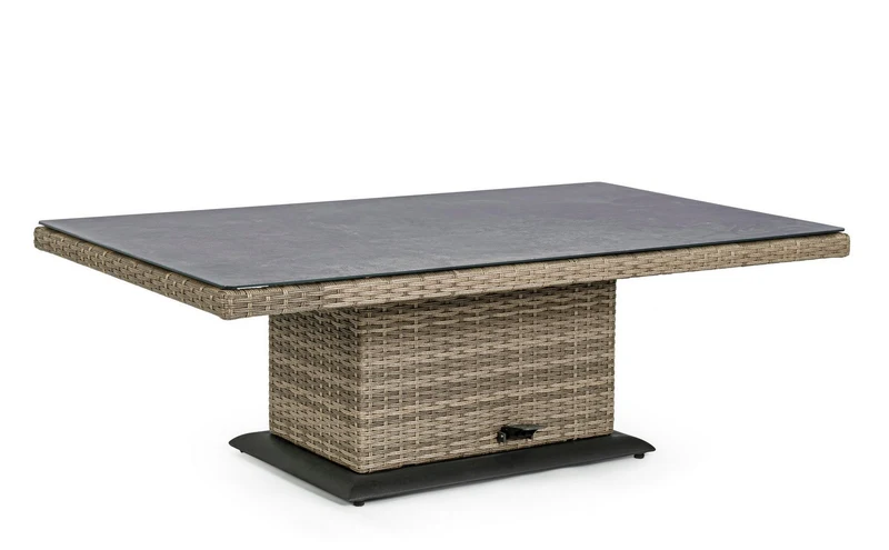 Tavolo "Kent" con struttura in alluminio, piano in ceramica, intreccio in fibra sintetica, per esterno