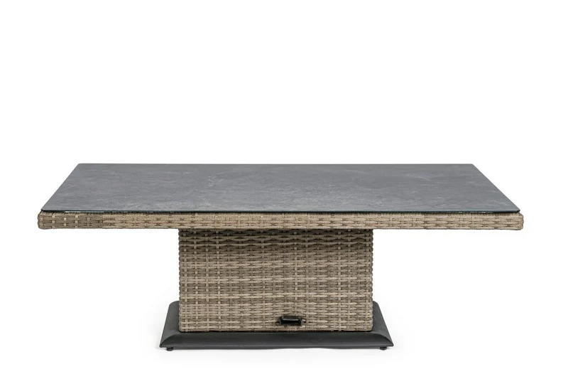 Tavolo "Kent" con struttura in alluminio, piano in ceramica, intreccio in fibra sintetica, per esterno