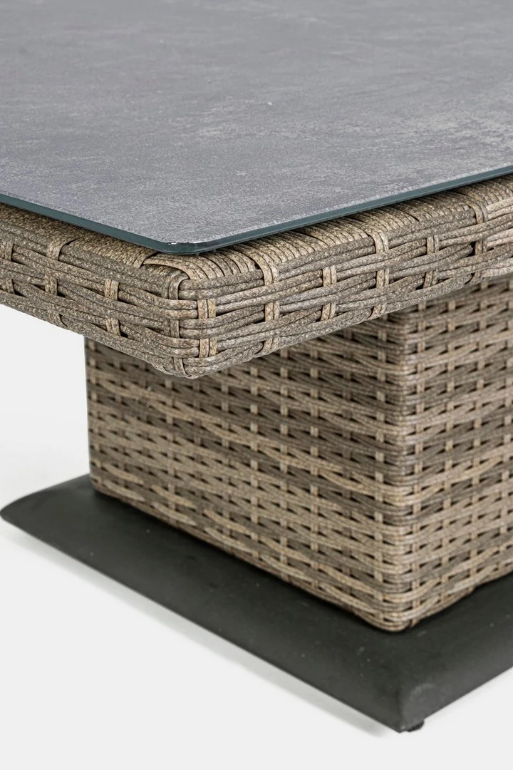 Tavolo "Kent" con struttura in alluminio, piano in ceramica, intreccio in fibra sintetica, per esterno