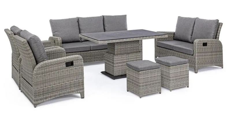 Tavolo "Kent" con struttura in alluminio, piano in ceramica, intreccio in fibra sintetica, per esterno