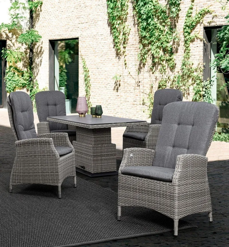 Tavolo "Kent" con struttura in alluminio, piano in ceramica, intreccio in fibra sintetica, per esterno