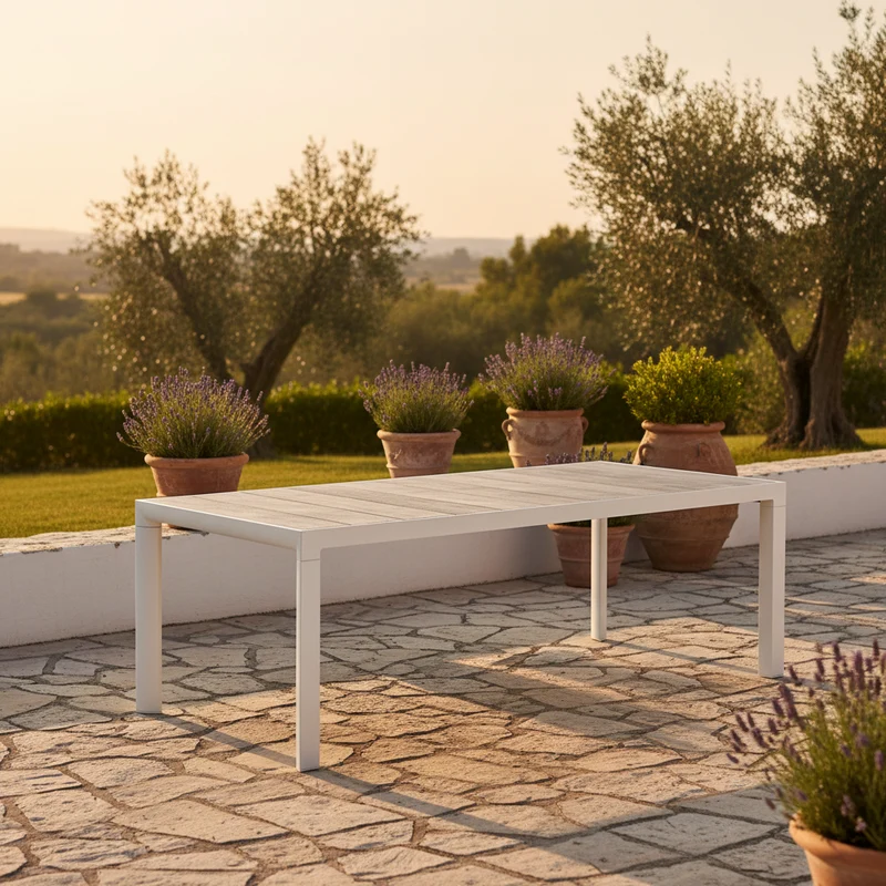 Tavolo rettangolare "Mason" con struttura in alluminio Lunar, piano in ceramica 220 x 100 cm