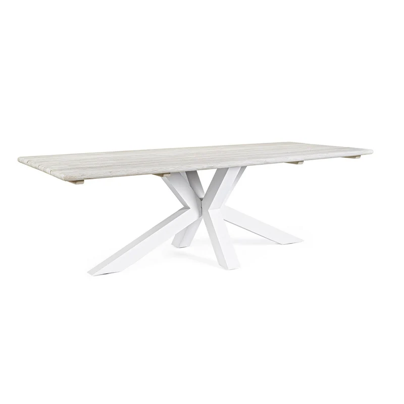 Tavolo rettangolare "Reynald" Bianco con piano in legno teak, gambe in alluminio, per esterno