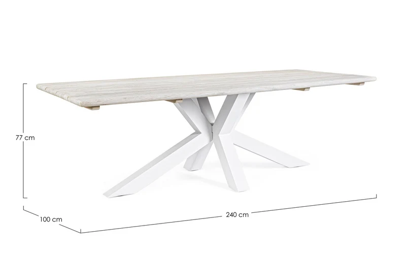 Tavolo rettangolare "Reynald" Bianco con piano in legno teak, gambe in alluminio, per esterno