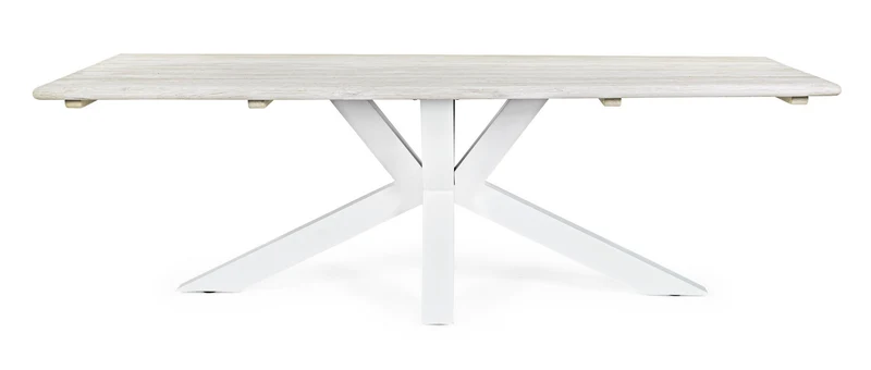 Tavolo rettangolare "Reynald" Bianco con piano in legno teak, gambe in alluminio, per esterno