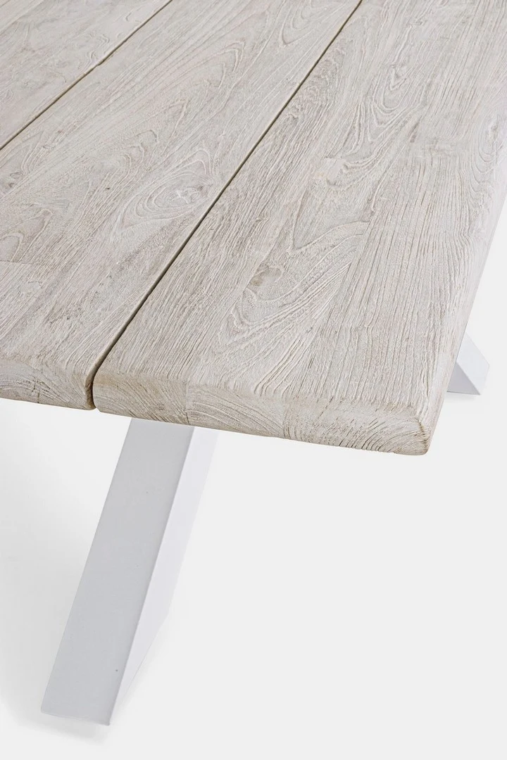 Tavolo rettangolare "Reynald" Bianco con piano in legno teak, gambe in alluminio, per esterno