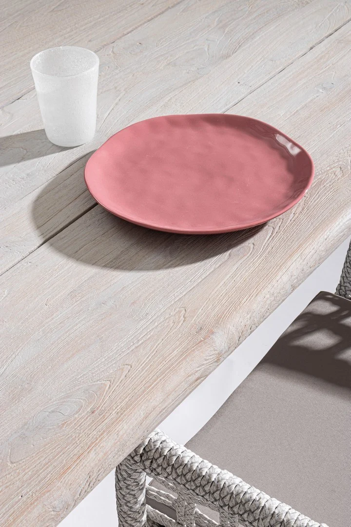 Tavolo rettangolare "Reynald" Bianco con piano in legno teak, gambe in alluminio, per esterno