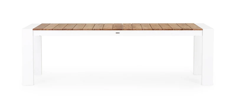 Tavolo allungabile "Cameron" con struttura in alluminio Bianco piano in teak da esterno