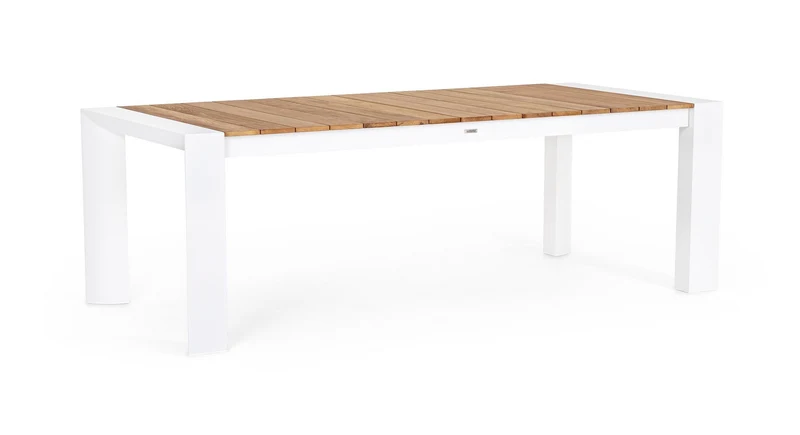 Tavolo allungabile "Cameron" con struttura in alluminio Bianco piano in teak da esterno