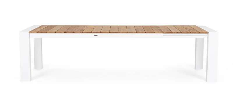 Tavolo allungabile "Cameron" con struttura in alluminio Bianco piano in teak da esterno