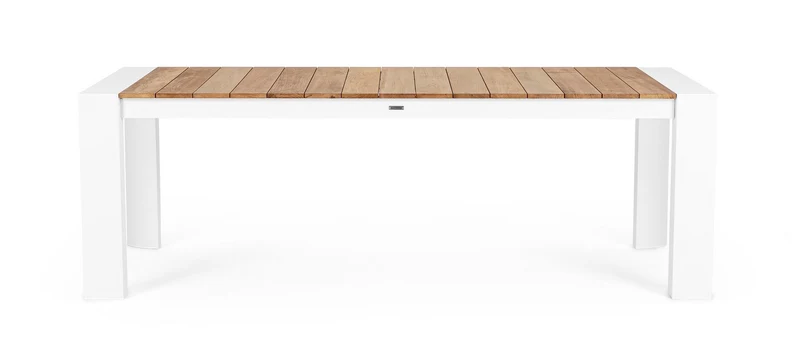 Tavolo allungabile "Cameron" con struttura in alluminio Bianco piano in teak da esterno