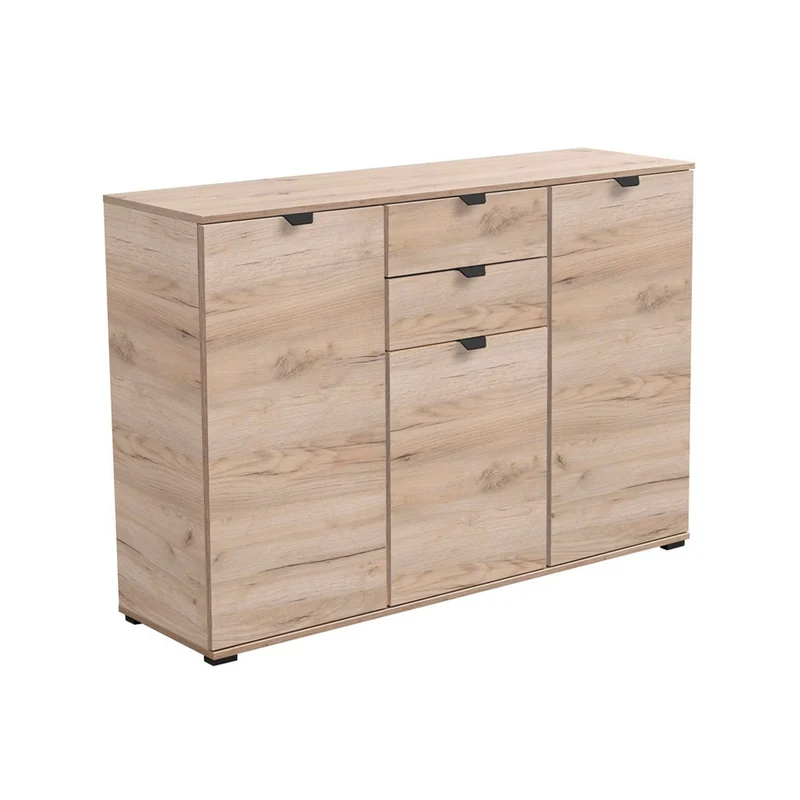 Credenza "Swiss", con 3 ante e 2 cassetti, color rovere, con struttura in truciolare rivestito, mobile in kit