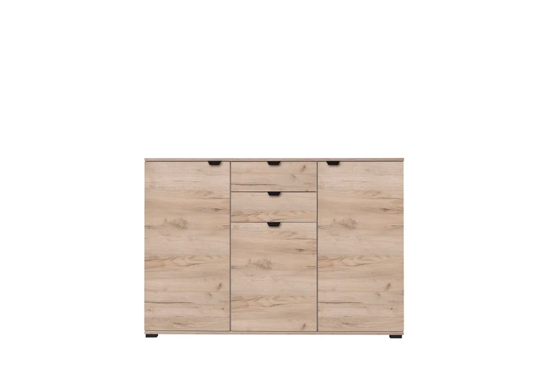 Credenza "Swiss", con 3 ante e 2 cassetti, color rovere, con struttura in truciolare rivestito, mobile in kit