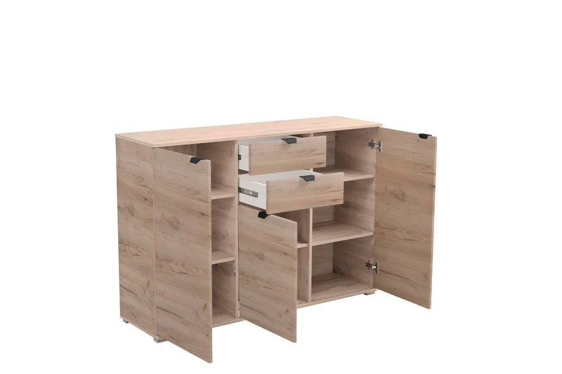 Credenza "Swiss", con 3 ante e 2 cassetti, color rovere, con struttura in truciolare rivestito, mobile in kit