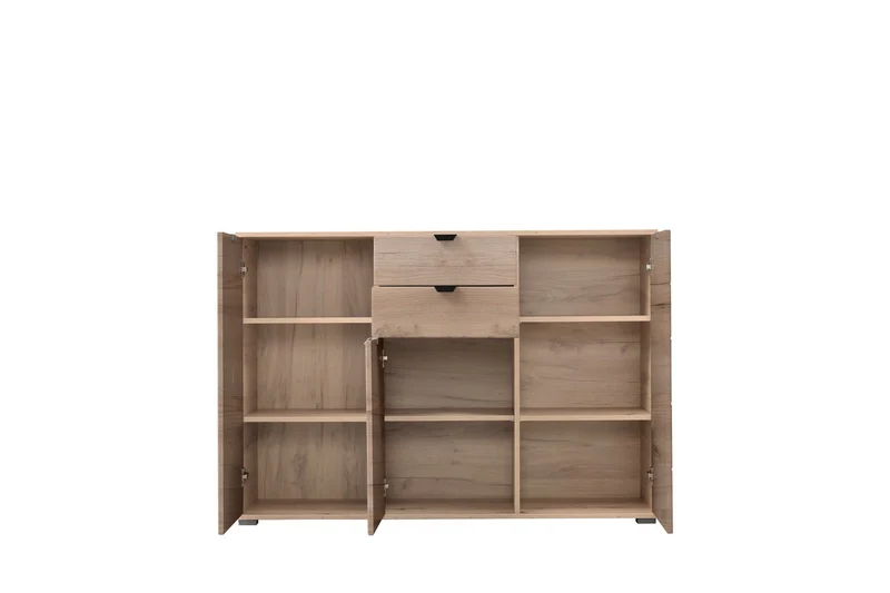 Credenza "Swiss", con 3 ante e 2 cassetti, color rovere, con struttura in truciolare rivestito, mobile in kit