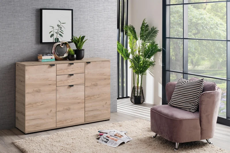 Credenza "Swiss", con 3 ante e 2 cassetti, color rovere, con struttura in truciolare rivestito, mobile in kit
