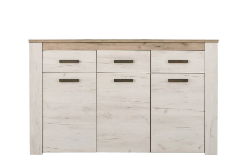 Credenza "Denmark", con 3 ante e 3 cassetti, color rovere sbiancato, con struttura in truciolare rivestito, mobile in kit