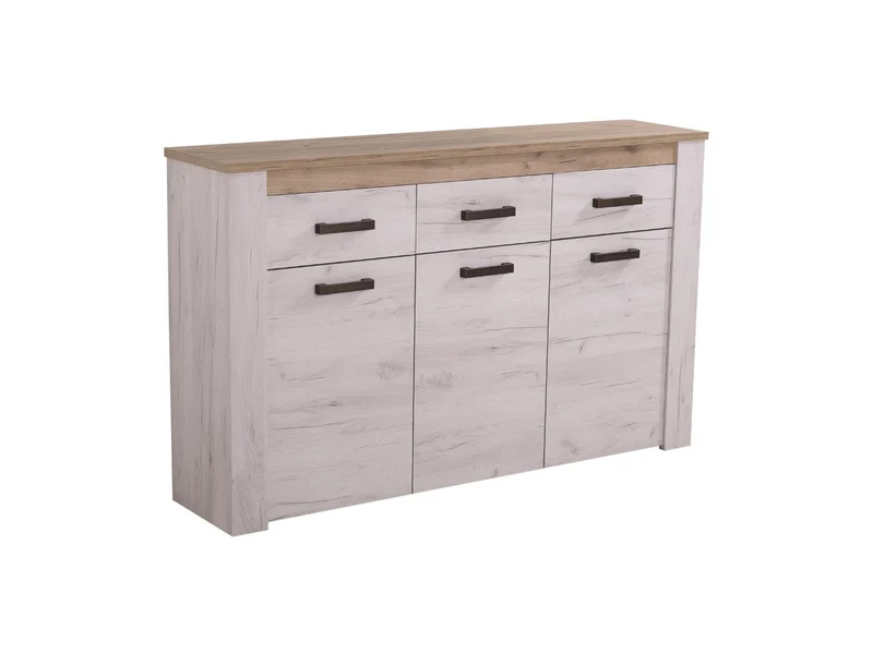Credenza "Denmark", con 3 ante e 3 cassetti, color rovere sbiancato, con struttura in truciolare rivestito, mobile in kit
