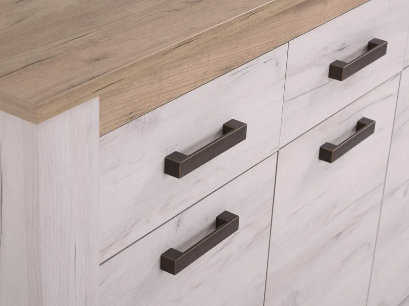 Credenza "Denmark", con 3 ante e 3 cassetti, color rovere sbiancato, con struttura in truciolare rivestito, mobile in kit
