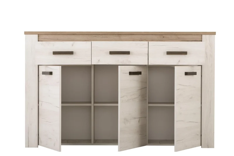 Credenza "Denmark", con 3 ante e 3 cassetti, color rovere sbiancato, con struttura in truciolare rivestito, mobile in kit