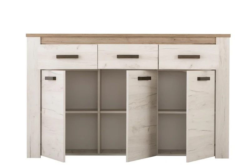 Credenza "Denmark", con 3 ante e 3 cassetti, color rovere sbiancato, con struttura in truciolare rivestito, mobile in kit